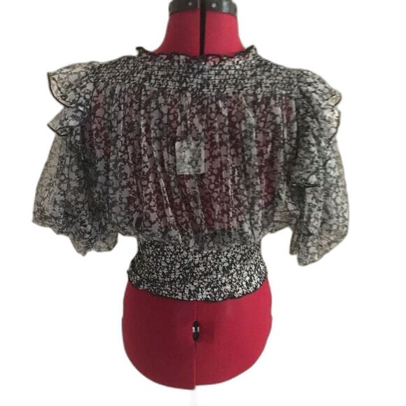 Free People Top Size Small Black Floral Short Puffed Sleeves Cropped NWT - Picture 5 of 5